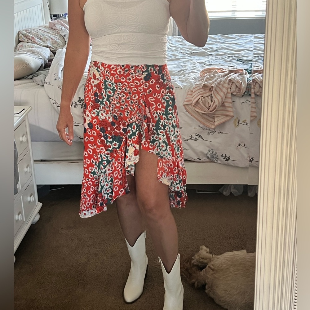 Red Ruffled Wrap Midi Skirt